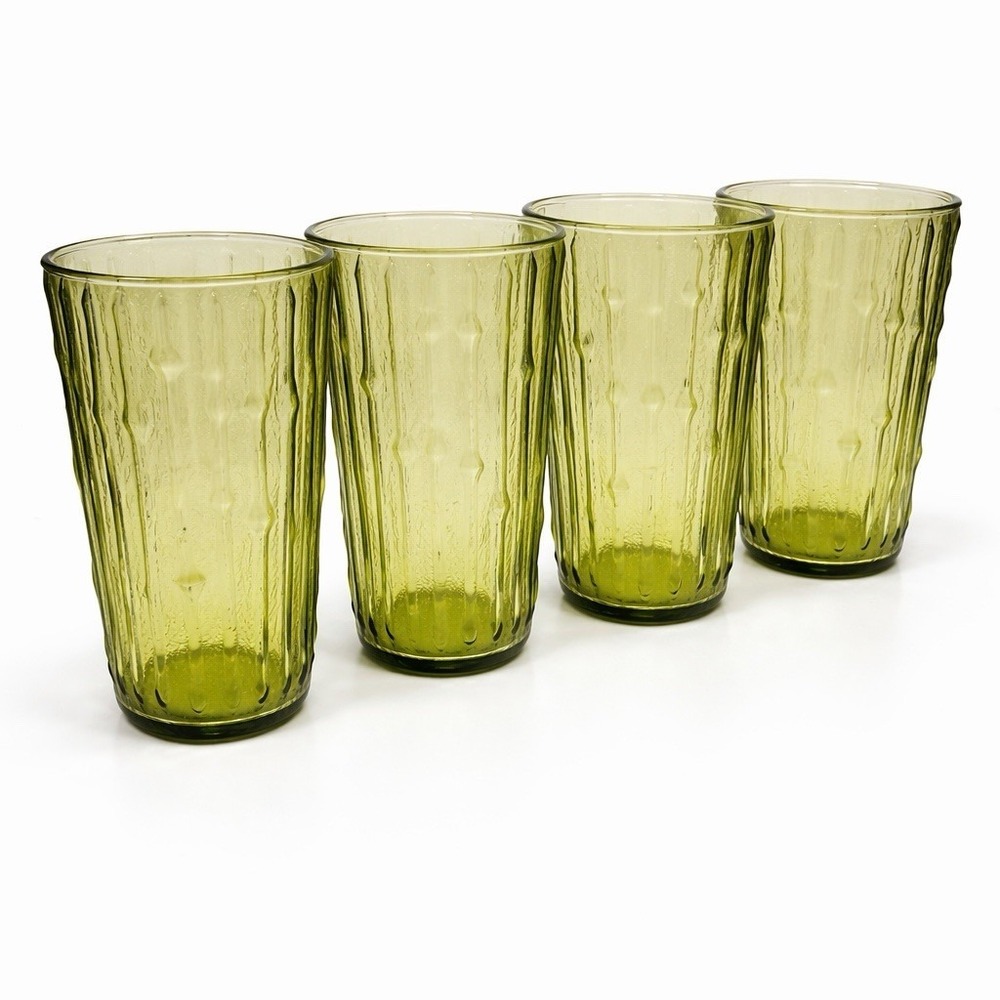 VTG Anchor Hocking Tahiti Avocado Green 10 oz Tumblers Set of 4 Textured Bamboo